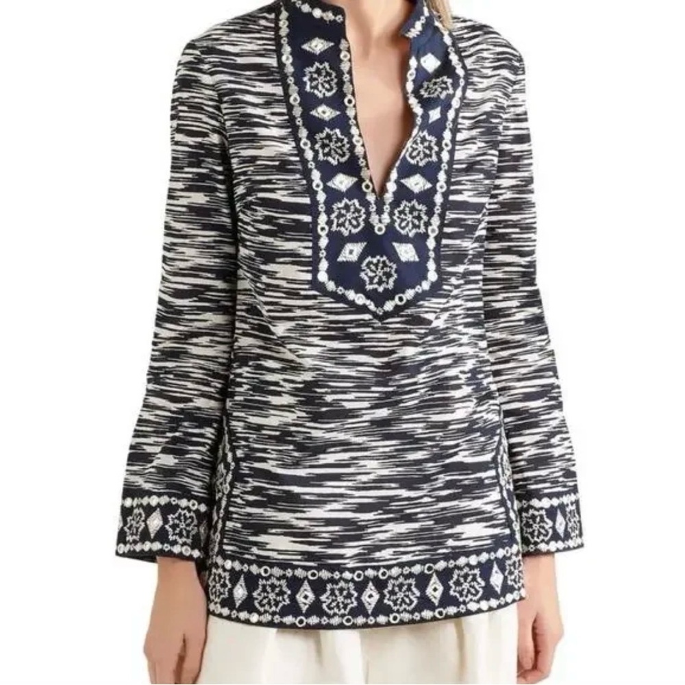 Tory Burch Navy and Ivory Space-Dye Embroidered Tunic Top women’s 6 - Picture 2 of 8